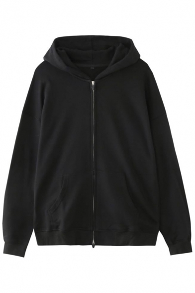 Street Look Hoodie Solid Color Front Pocket Zipper-down Long Sleeve Relaxed Hoodie for Men