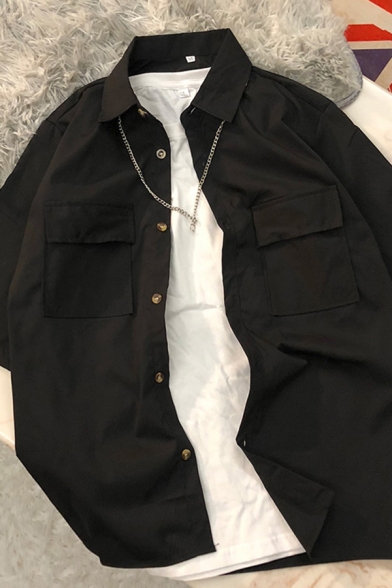 Street Look Mens Shirt Plain Flap Pocket Turn-down Collar Half Sleeve Button Closure Loose Shirt