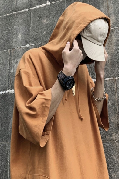 Street Style Hoodie Solid Color Drawstring Half-Sleeved Relaxed Fit Hoodie for Men
