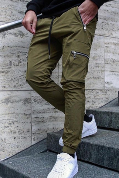 Trendy Mens Pants Zipper Pockets Drawstring Waist Ankle Length Slim Cargo Pants