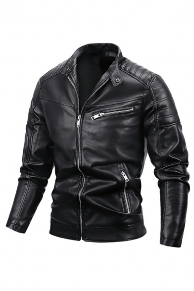 Trendy Mens PU Leather Solid Color Pleated Detail Long Sleeve Zipper Closure Slim Motor Jacket