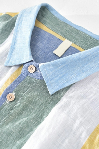 Trendy Mens Shirt Stripe Printed Chest Pocket Short Sleeves Turn Down Collar Button Closure Regular Fit Shirt