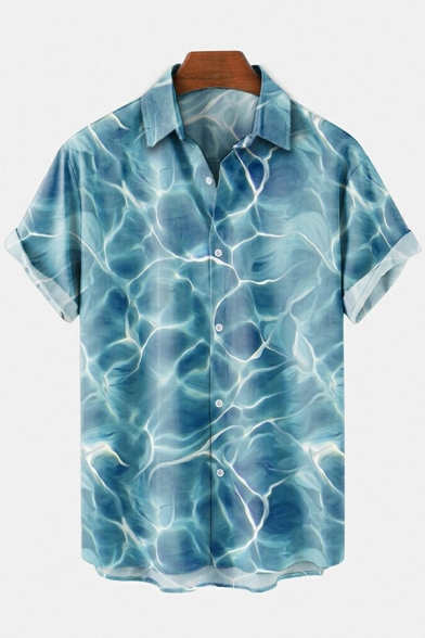 Unique Blue Shirt Seaweeds Printed Button-down Spread Collar Short Sleeve Regular Shirt for Men