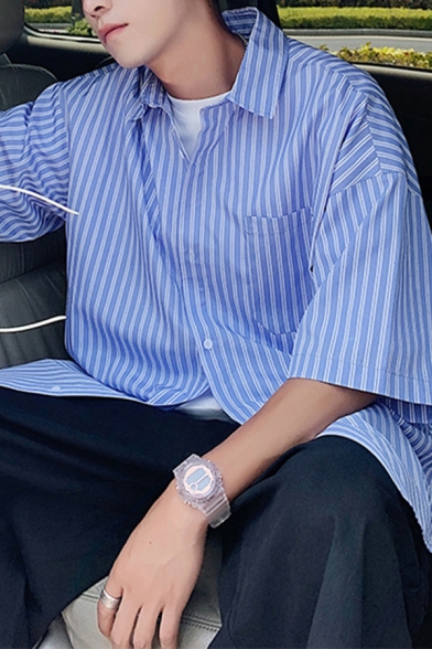 Urban Shirt Striped Printed Button Closure Turn-down Collar Pocket Detail Half Sleeves Loose Shirt for Men