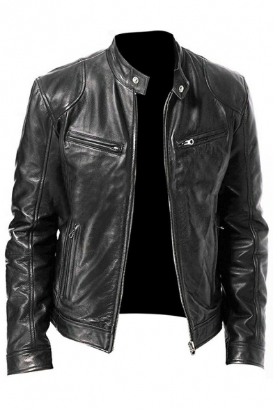Basic Mens Leather Jacket Solid Color Pocket Detail Stand Collar Long Sleeves Zipper Closure Fitted Leather Jacket