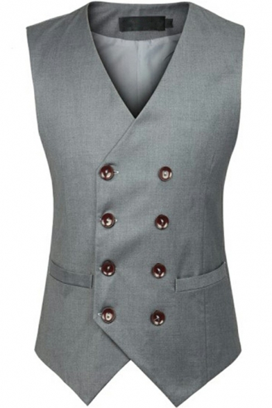 Basic Suit Vest Solid Color Sleeveless V Neck Double Breasted Slim Fit Vest for Men