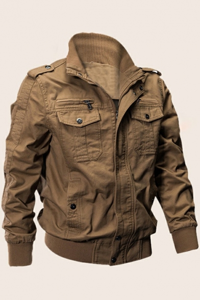 Casual Mens Jacket Pure Color Stand Collar Flap Pocket Zipper Closure Long Sleeve Slim Fit Jacket