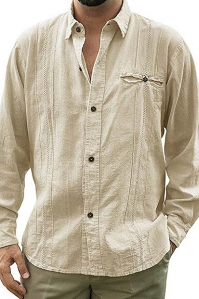 Casual Mens Shirt Solid Color Chest Pocket Long Sleeve Point Collar Button Up Linen Shirt Top