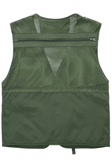 Chic Mens Vest Pure Color Mesh Cloth Patchwork Pocket Detail V-Neck Utility Loose Zip-up Cargo Vest