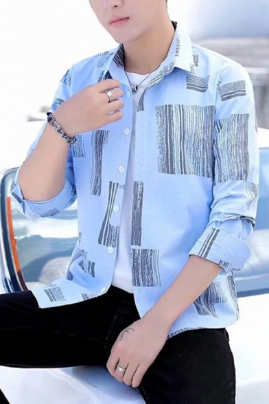 Creative Men's Shirt Geometric Printed Long Sleeve Point Collar Button Loose Fitted Shirt Top
