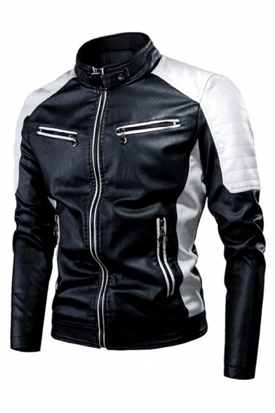 Dashing Mens PU Jacket Color Block Stand Collar Full-Zipper Long Sleeve Slim Jacket
