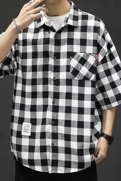 Dashing Shirt Plaid Print Button Detailed Turn-down Collar Short Sleeves Loose Shirt for Men