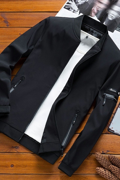 Edgy Mens Jacket Plain Zipper Closure Stand Collar Long Sleeve Slim Fit Jacket