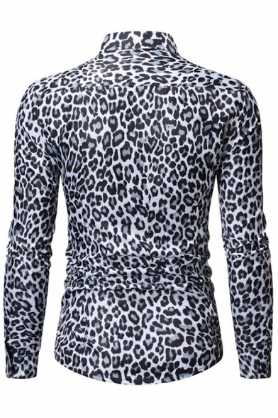 Edgy Mens Shirt Leopard Print Long Sleeves Turn Down Collar Button-down Slim Shirt