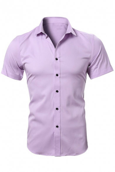 Elegant Shirt Plain Short-Sleeved Turn-down Collar Button-up Slim Fitted Shirt Top for Men