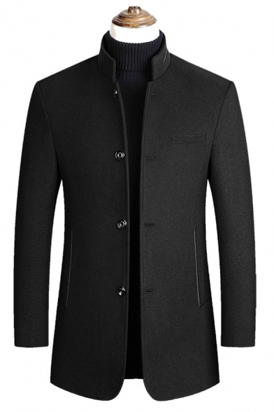 Elegant Trench Coat Pure Color Chest Pocket Single Breasted Long-Sleeved Stand Collar Fit Trench Coat for Men
