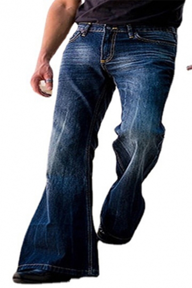 Fashionable Jeans Plain Pocket Detail Flared Leg Relaxed Fit Jeans for Men