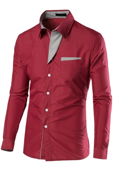 Fashionable Men's Button Shirt Contrast Panel Long Sleeve Lapel Slim Shirt