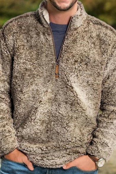 Fashionable Men's Sweatshirt Fleece Fur Zip Stand Collar Long Sleeve Regular Fit Thickened Sweatshirt