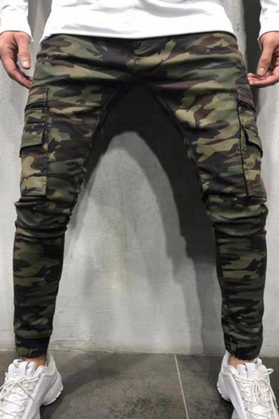 Guys Cool Jeans Green Camouflage Patterned Flap Pockets Mid Rise Ankle Length Skinny-Fit Pencil Jeans