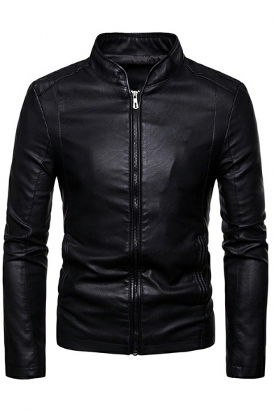 Guys Urban PU Jacket Plain Stand Collar Pocket Detail Long Sleeve Slim PU Jacket
