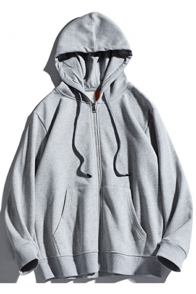 Leisure Drawstring Hoodie Pure Color Zip Up Long Sleeve Relaxed Fitted Hoodie for Guys