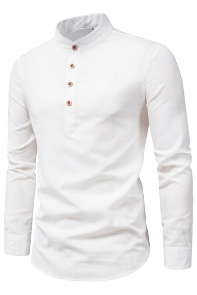 Leisure Men's Shirt Pure Color Button Closure Long Sleeves Stand Collar Slim Fitted Shirt