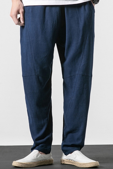 Leisure Pants Solid Color Pocket Detailed Elastic Waist Carrot Pants for Men