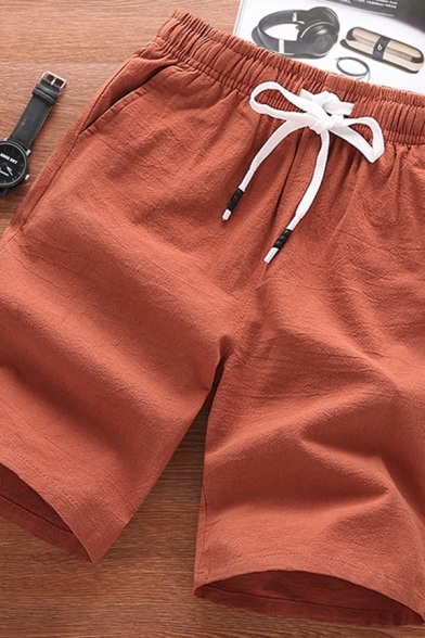 Leisure Shorts Solid Color Drawstring Waist Front Pocket Knee Length Fitted Shorts for Men