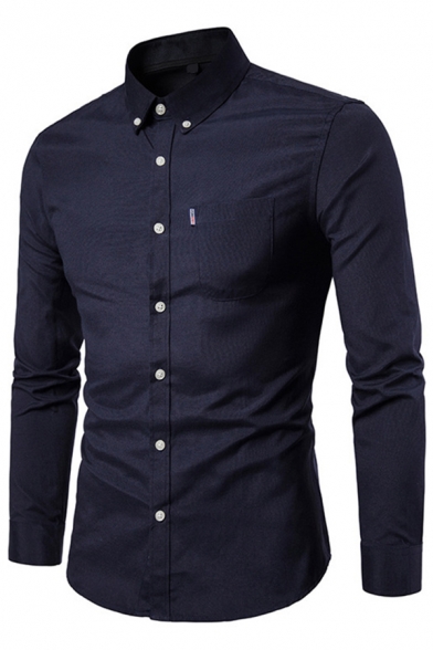Men Basic Shirt Solid Color Button-down Collar Chest Pocket Long-sleeved Button Closure Slim Shirt