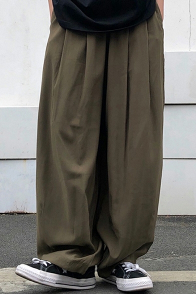 Men Casual Pants Pure Color Elastic Waist Pocket Detail Long Oversize Fit Harem Pants
