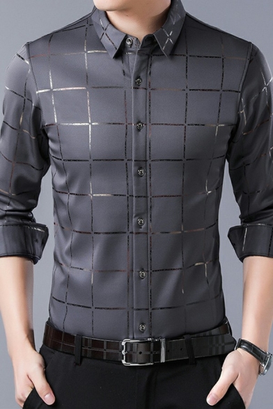 Men Dress Shirts Plaid Print Turn-down Collar Button Closure Long Sleeve Slim Fit Shirt