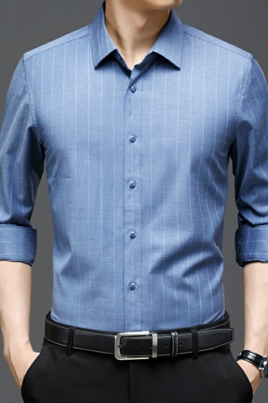Men Dress Shirts Striped Print Turn-down Collar Button Closure Long Sleeve Slim Shirt