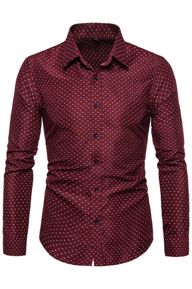 Men's Formal Shirt Polka Dot Print Long Sleeve Spread Collar Button Up Fitted Shirt