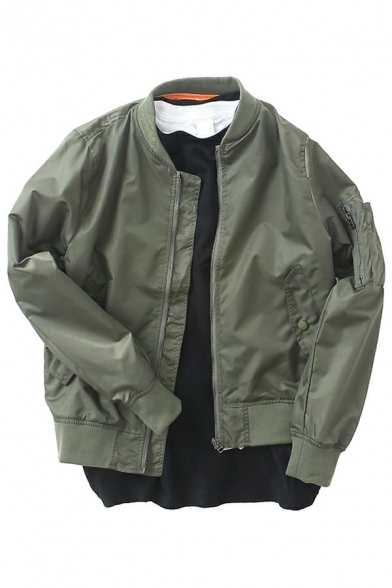 Men's Simple Jacket Plain Zipper Closure Arm-Pocket Stand Collar Long Sleeve Loose Bomber Jacket
