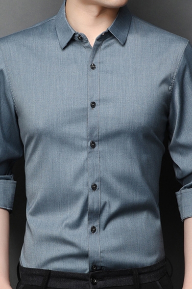 Mens Basic Shirt Solid Color Button Up Long-Sleeved Turn Down Collar Fitted Shirt
