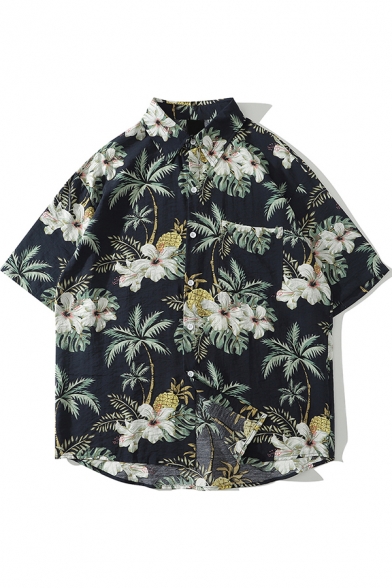 Mens Popular Shirt Tropical Plant Printed Button Up Trun Down Collar Short-Sleeve Relaxed Shirt