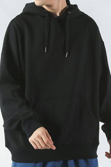 Mens Simple Hoodie Solid Color Long Sleeve Drawstring Loose Fit Hooded Sweatshirt