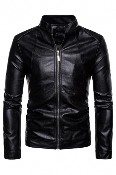 Mens Simple Leather Jacket Solid Color Pocket Detail Long Sleeve Stand Collar Fitted Zip-up Leather Jacket