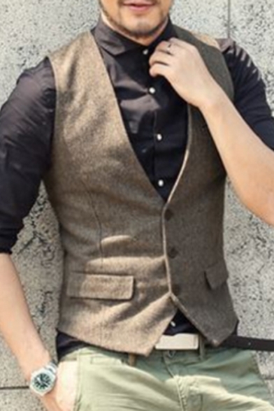 Modern Suit Vest Solid Color Flap Pocket V-Neck Single Breasted Slim Suit Vest for Men