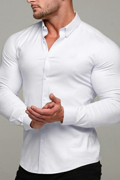 Simple Shirt Plain Long Sleeve Spread Collar Button Detailed Slim Shirt Top for Men
