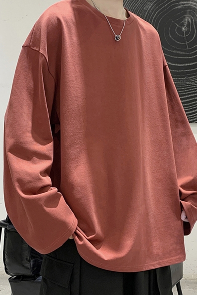Simple Sweatshirt Pure Color Long Sleeve Crew Neck Loose Sweatshirt for Men