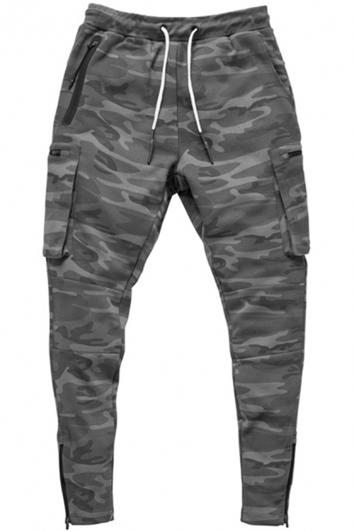 Sporty Pants Solid Color Drawstrings Side Pockets Zipper Detail Slim Pants for Men
