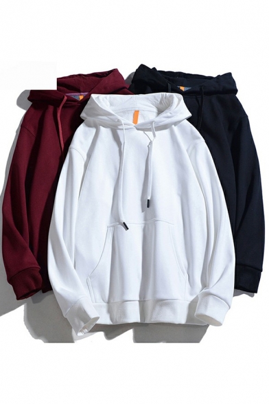 Street Style Hoodie Plain Long-Sleeved Pouch Pocket Drawstring Detail Relaxed Hoodie for Men