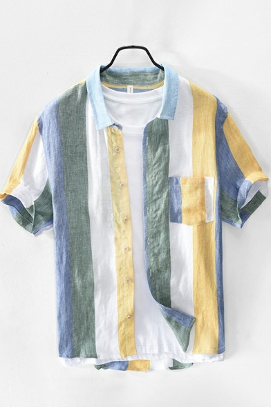 Trendy Mens Shirt Stripe Printed Chest Pocket Short Sleeves Turn Down Collar Button Closure Regular Fit Shirt