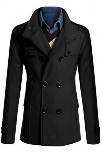 Trendy Mens Trench Coat Solid Color Double Breasted Long Sleeve Lapel Collar Regular Fitted Trench Coat