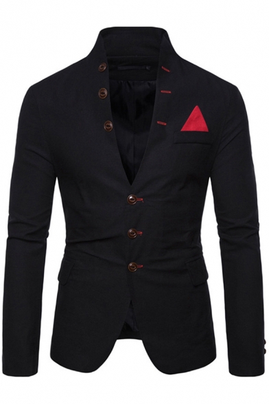 Trendy Suit Jacket Plain Pocket Detail Long Sleeves Stand Collar Single Breasted Slim-Fitted Suit for Men