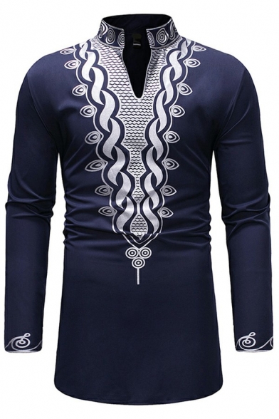 Vintage Button Shirt Ethnic Style Printed Long Sleeve Stand Collar Fitted Shirt for Men