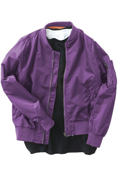 Vintage Jacket Pure Color Stand Collar Front Pockets Long Sleeve Zip-Fly Loose Baseball Jacket for Men