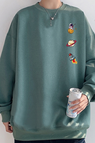 Boyish Sweatshirt Cartoon Patterned Long Sleeve Crew Neck Relaxed Pullover Sweatshirt for Men